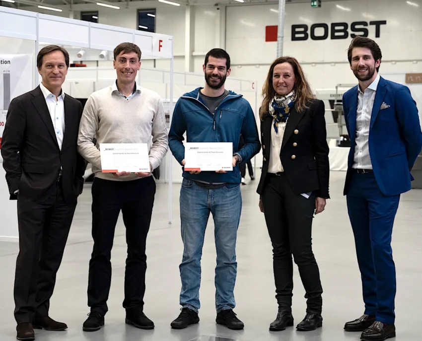 From left to right: Jean-Pascal Bobst, CEO Bobst Group; David Guillaume-Gentil, Mechanical Design Engineer; Paul Hornick, R&D Senior Mechanical Engineer; Sigrid Wagner, Group IP Director; Leonard Badet, Chief Technology Officer at BOBST